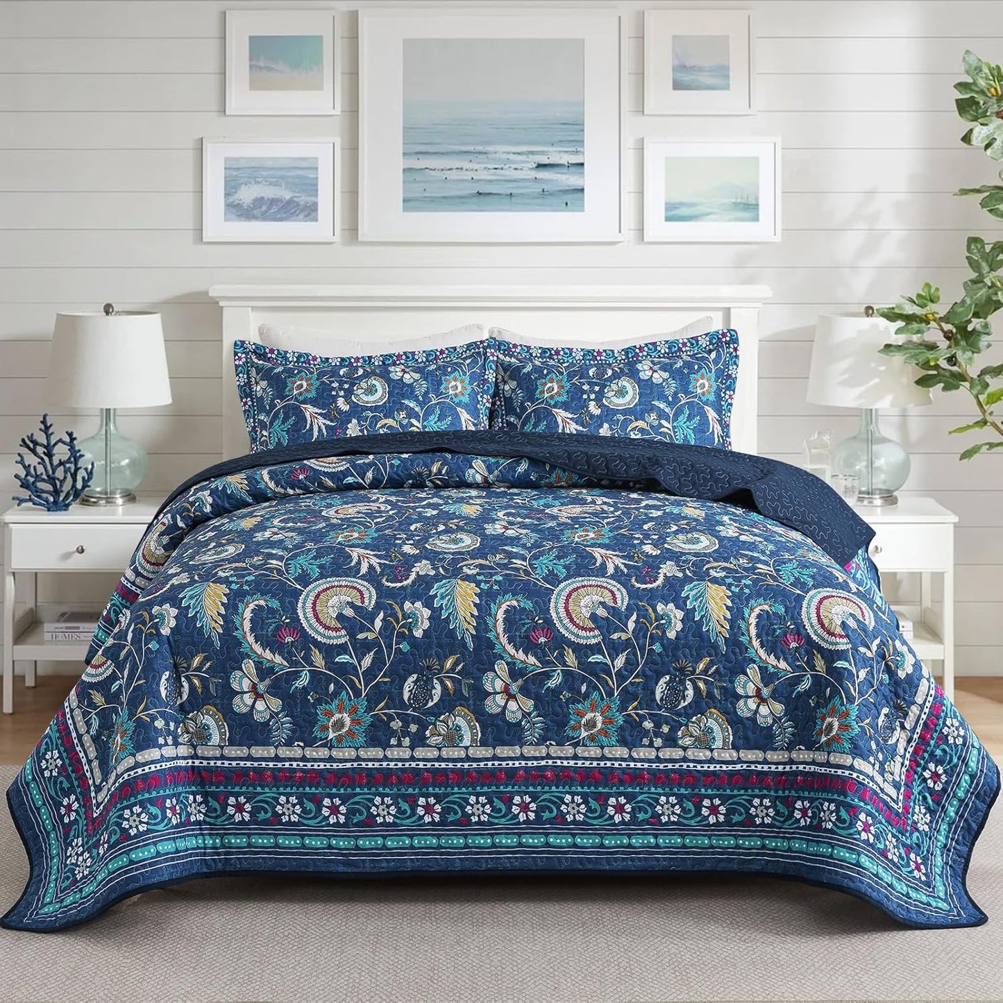 NEWLAKE Quilt Set King Size, Bedspread Sets Blue Botanical Floral Patterns, Reversible Quilt Bedding Set Lightweight and Breathable for All Seasons, Soft Quilted Bedspread with 2 Pillow Shams
