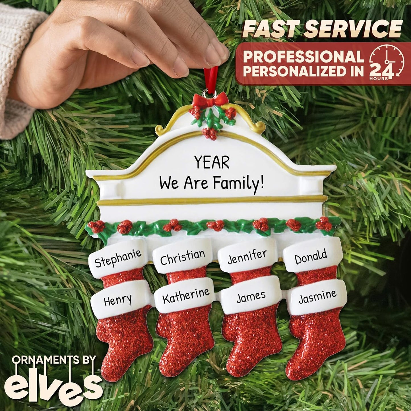 3D White Mantle Family of 8 Christmas Ornament 2025 Personalized Family Christmas Ornaments 2025 | Garland Fireplace Personalized Tree Ornaments Customizable Gifts Red Stockings of Eight Ornament