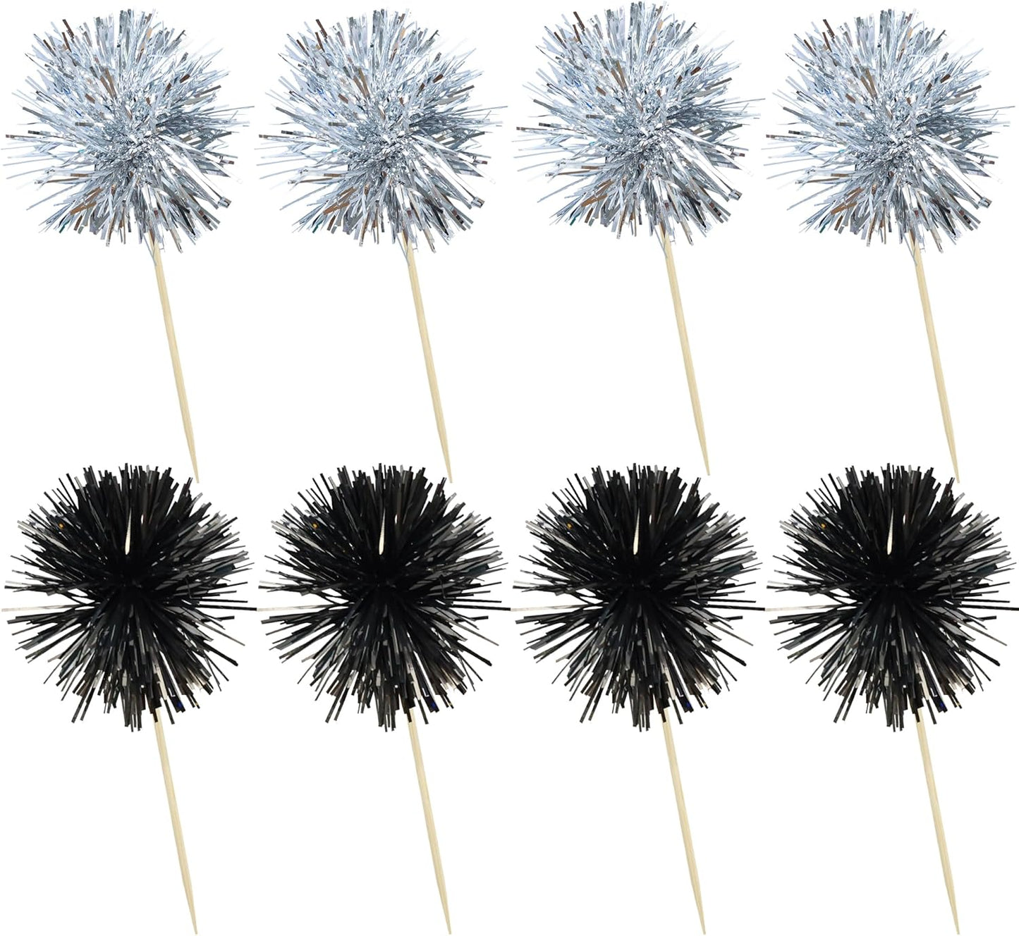 Ephlyn 30Pcs Foil Firework Cupcake Toppers Sparkles Fireworks Sticks Birthday Decorations Sparkle Tinsel Cocktail Fruit Toothpick for Birthday Wedding Graduation Party Cake Decorations Black Silver