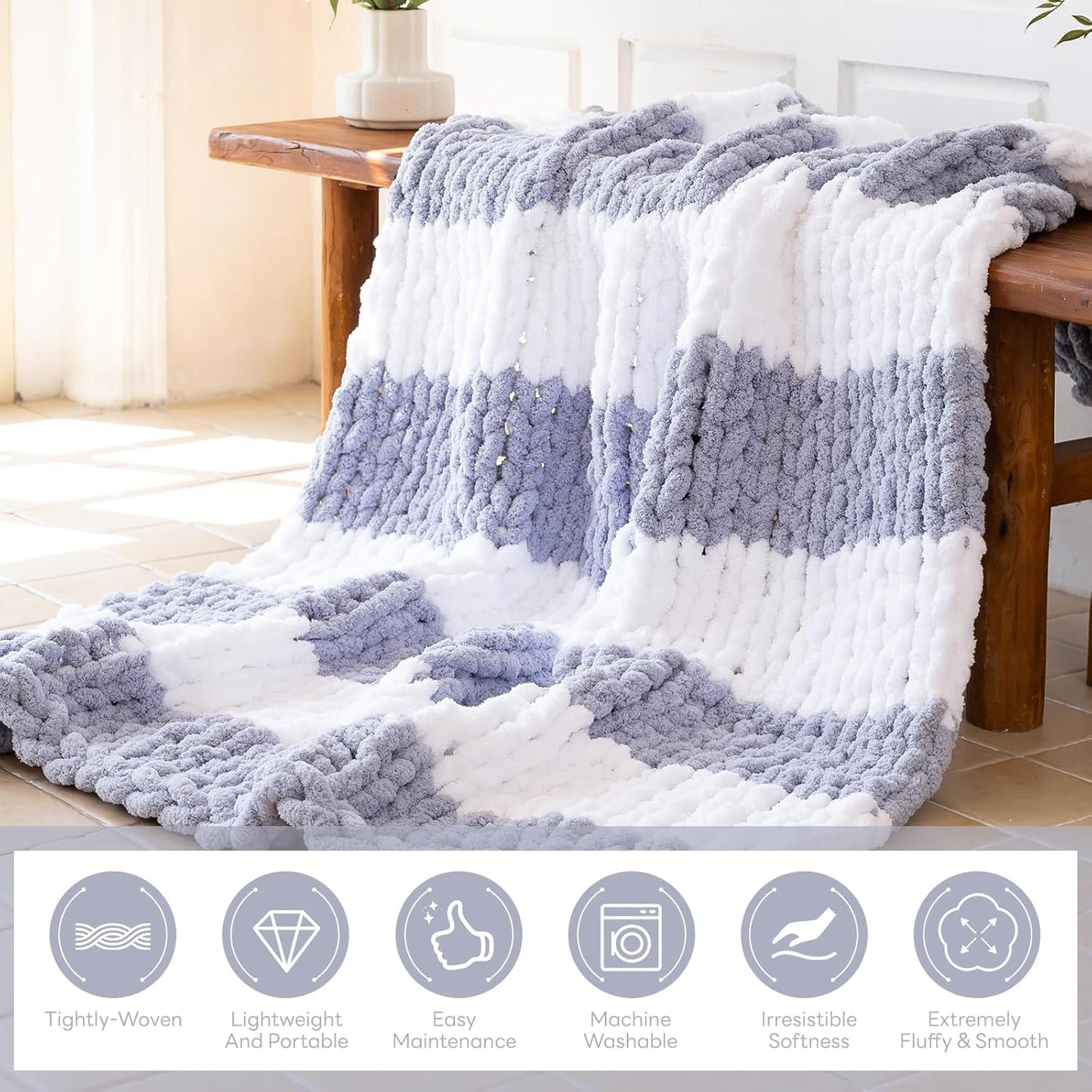 Chunky Knit Blanket - Luxury Soft Cozy 60 * 80 Throw Blanket,100% Woven Blanket Rope Knot Throw Blanket for Couch, Sofa, Home Decor, Gift - Machine Washable（White/Light Gray）