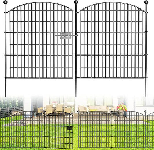 Decorative Garden Fence with Gate, 5 Panels - 32 in (H) x 11.8 ft (L) No Dig Dog Fence Outdoor for Yard, Rustproof Tall Garden Fencecing Panels, Animal Barrier Suitable for Yard Border, Patio