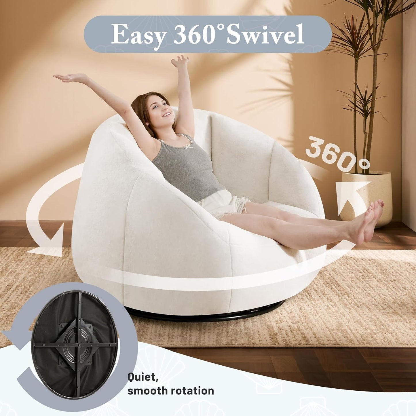 Giant Bean Bag Swivel Chair for Adults - Comfy Plush Round Shell Soft Accent Chair, Oversized Cozy Floor Sofa for Living Room, Bedroom & Game Rooms, Beige