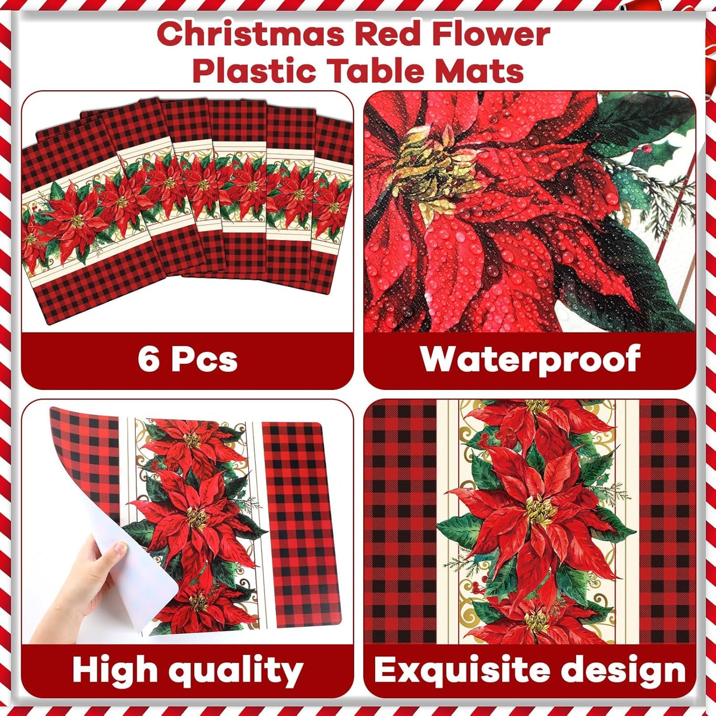 Christmas Poinsettia Placemats Set of 6 Red Watercolor Poinsettia Plastic Table Mats Christmas Xmas Red Flower Place Mats Winter Holiday Table Decoration for Indoor Outdoor Party Kitchen Dining