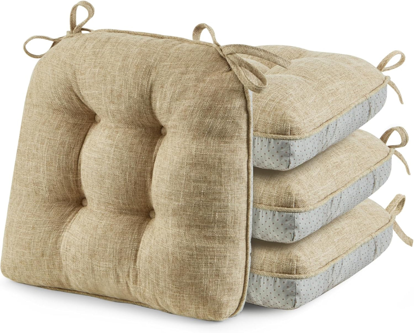 puredown® Chair Cushions for Dining Chairs, Tufted Memory Foam Chair Pads with Non-Slip Backing, Kitchen Seat Cushions with Ties, Washable Seat Pad Set of 4, 15.5" x 15.5" x 4", Khaki
