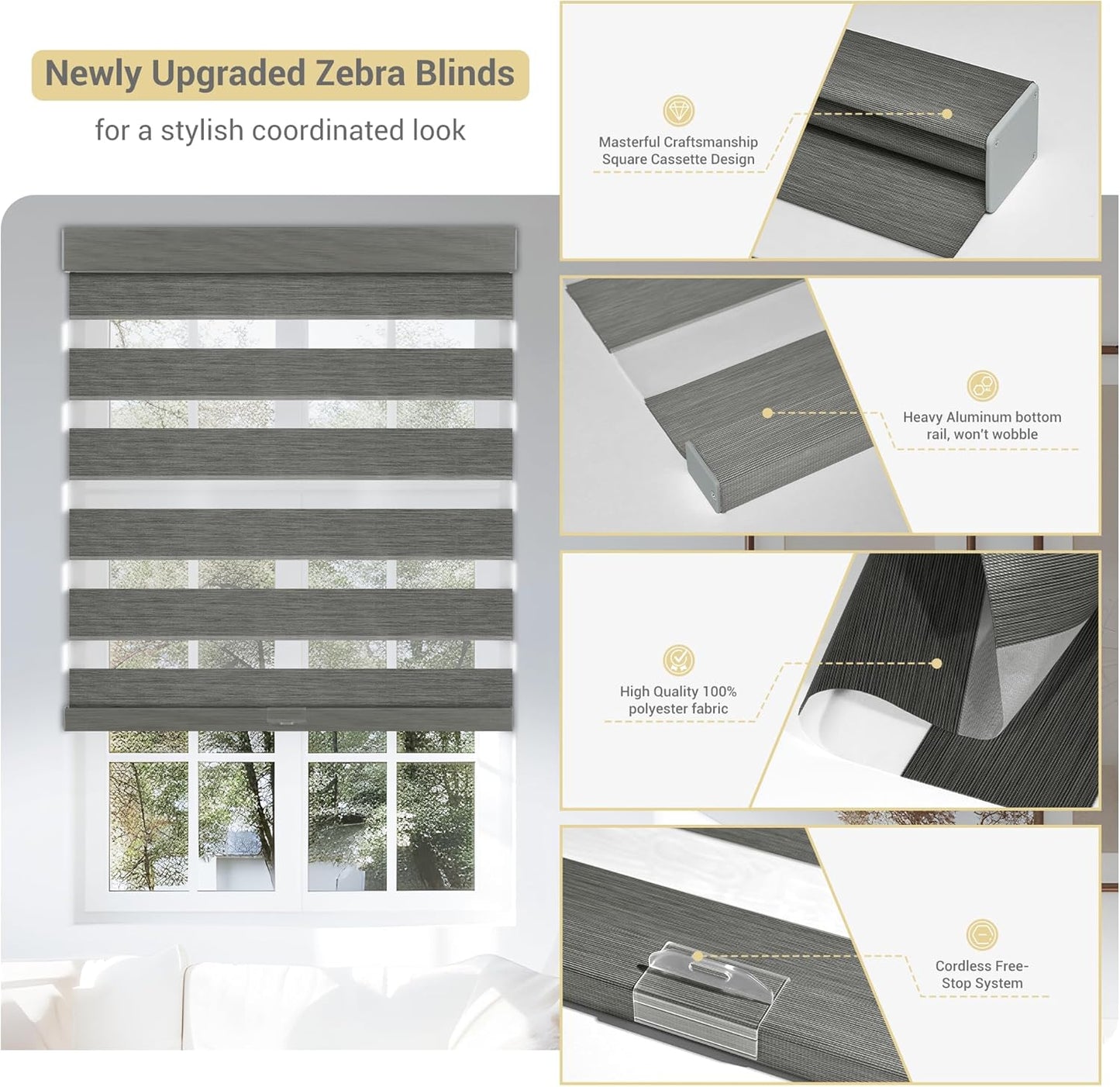 Cordless Zebra Blinds for Windows, Blackout Interior Blinds,Easy to Install,UV Protection,for Offices and Home,Custom Roller Shades, Mousse Grey,87" W x 80" H