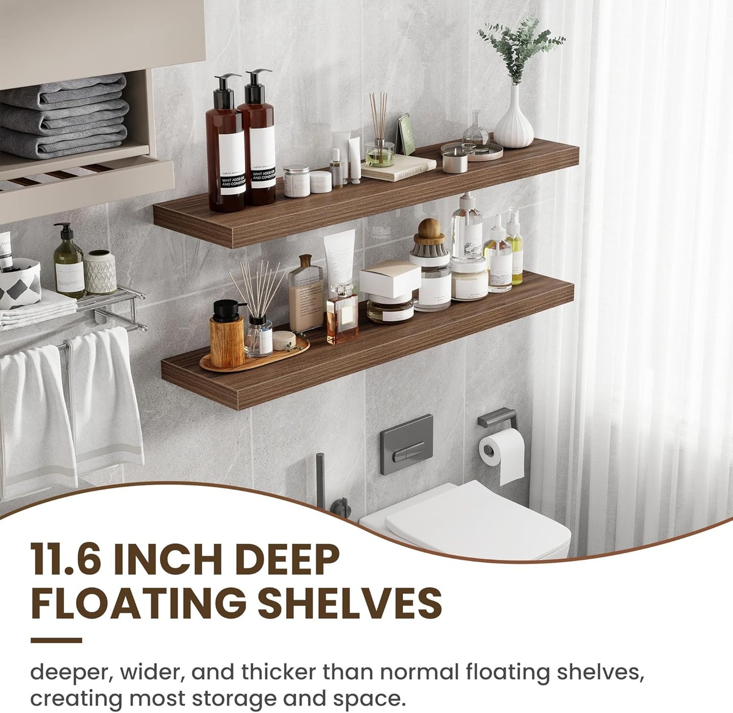 48 Inch Floating Shelves, 12 Inch Deep Floating Shelves for Wall, Floating Shelf with Invisible Brackets, Deep Shelves for Bathroom, Bedroom, Living Room, 1 Pack, Walnut