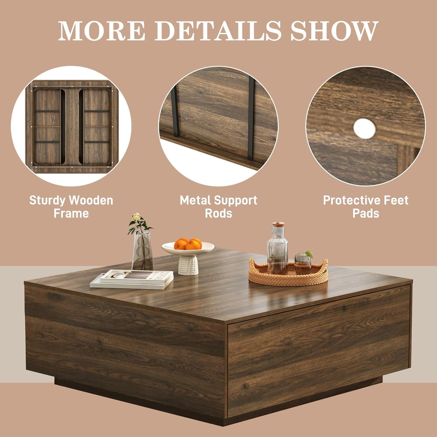 43” Square Coffee Table with Storage, Modern Large Square Center Table with 2 Drawers, Wood Coffee Table for Living Room, Walnut