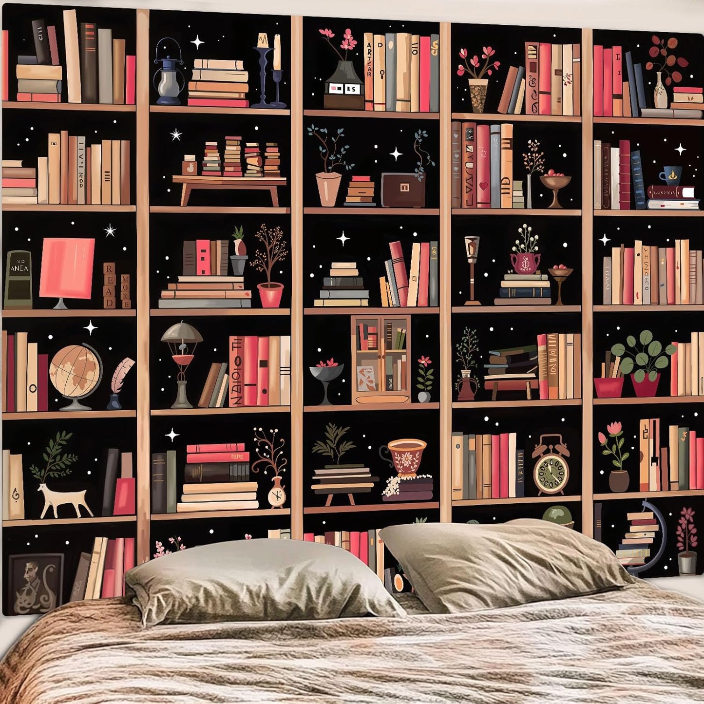 Accnicc Modern Bookshelf Tapestry Black Pink Orange Stylish Minimalist Book Shelf Tapestries Wall Hanging Art Dark Academics Library Book Tapestry for Bedroom Living Room Dorm 80 x 60 inch