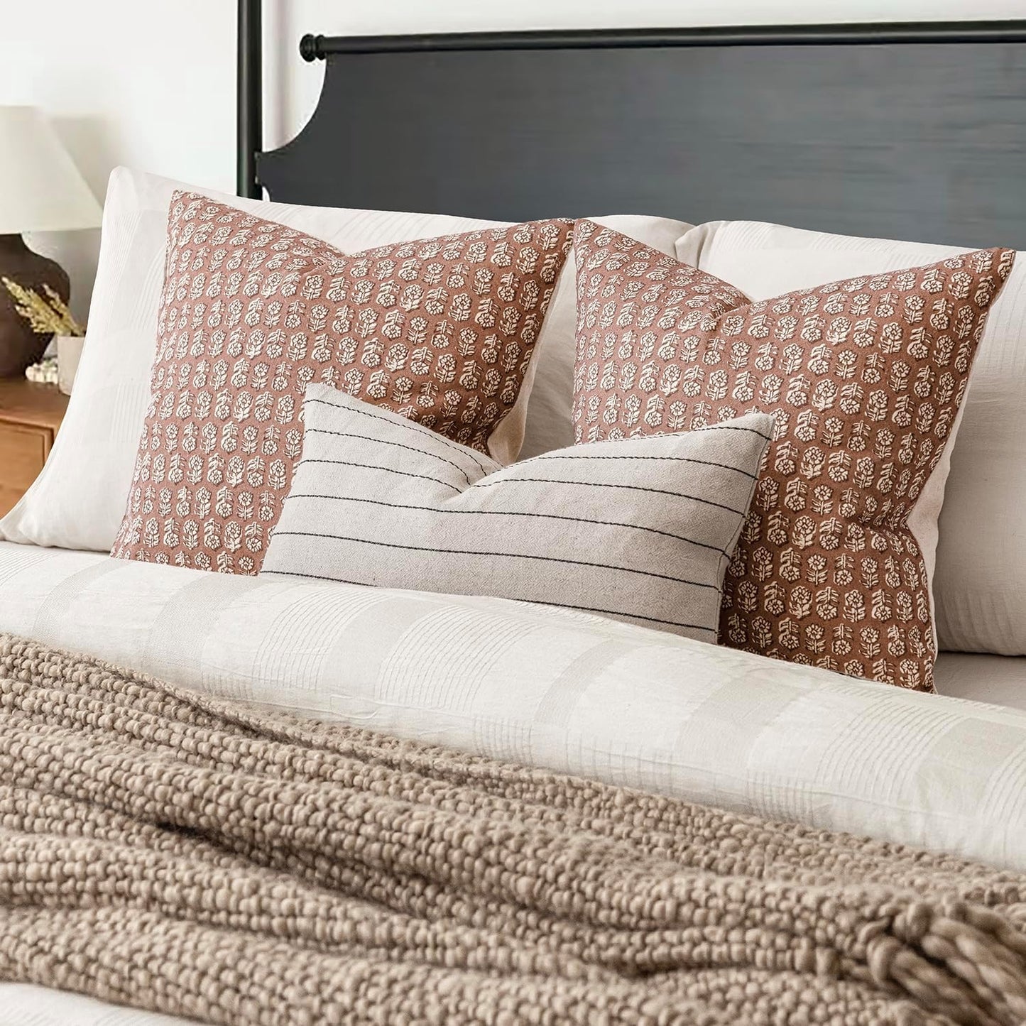 Foindtower Set of 2 Decorative Vintage Floral Print Throw Pillow Covers Neutral Farmhouse Cushion Covers Boho Home Decor for Sofa Couch Chair Bedroom Living Room Outdoor,22×22 Inch,Light Orange Brown