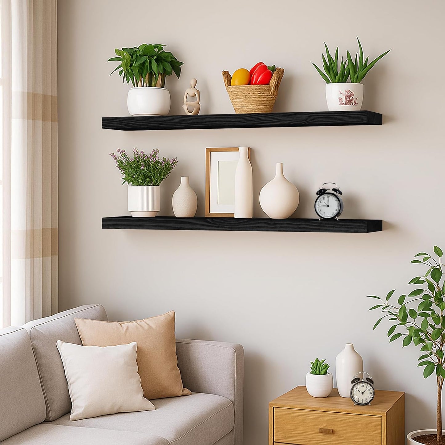 BGMG Wood Floating Shelves 36 inch Long,Wide Rustic Wooden Wall Shelves for Bathroom Living Room Bedroom Kitchen Farmhouse Set of 2-36x6.7x1.25 inch-Black