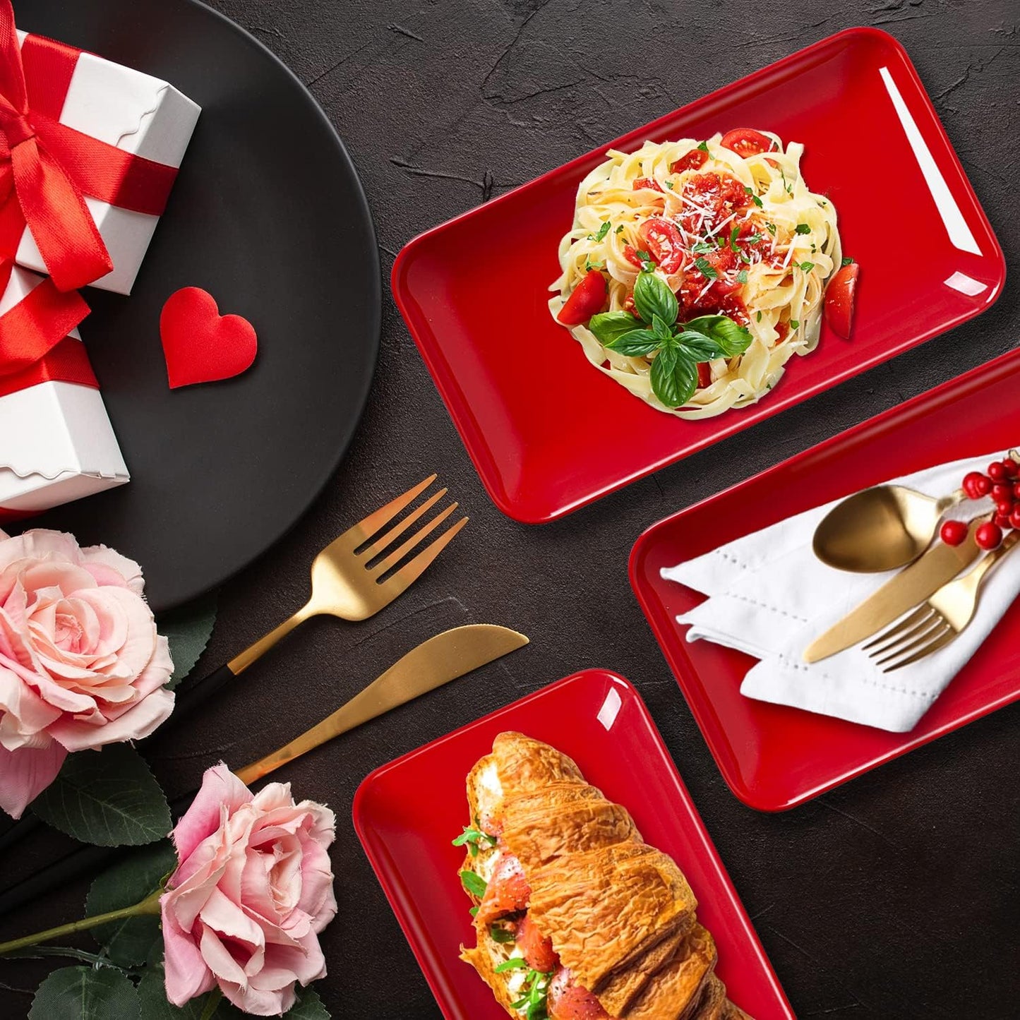 DELLING 3 Pack Rectangular Serving Platter and Trays, 12" Appetizer/Salad/Dessert Plates, Entertaining, Party, Romantic Date, Red
