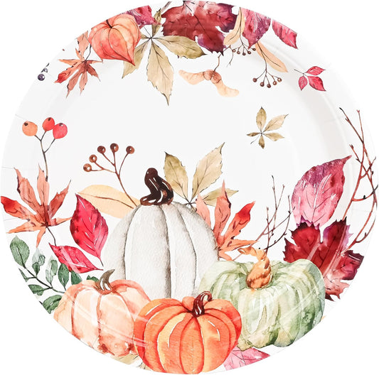 AllReal Fall Pumpkins Paper Plates Rustic Pumpkin Leaves Disposable Party Plate 7" Thanksgiving Autumn Dessert Plate for Birthday Baby Shower Party Supplies Table Decor (24)