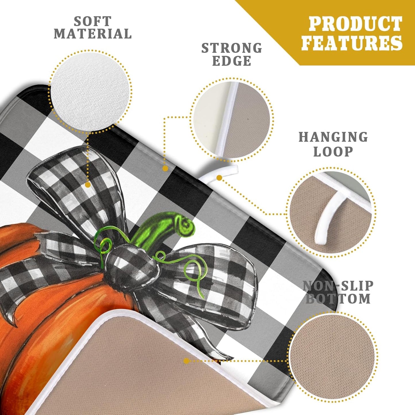 Fall Pumpkin Dish Drying Mat for Kitchen Counter Black White Buffalo Check Thanksgiving Super Absorbent Reversible Microfiber Kitchen Countertop Protector Dishes Pad Small 16x18 inch