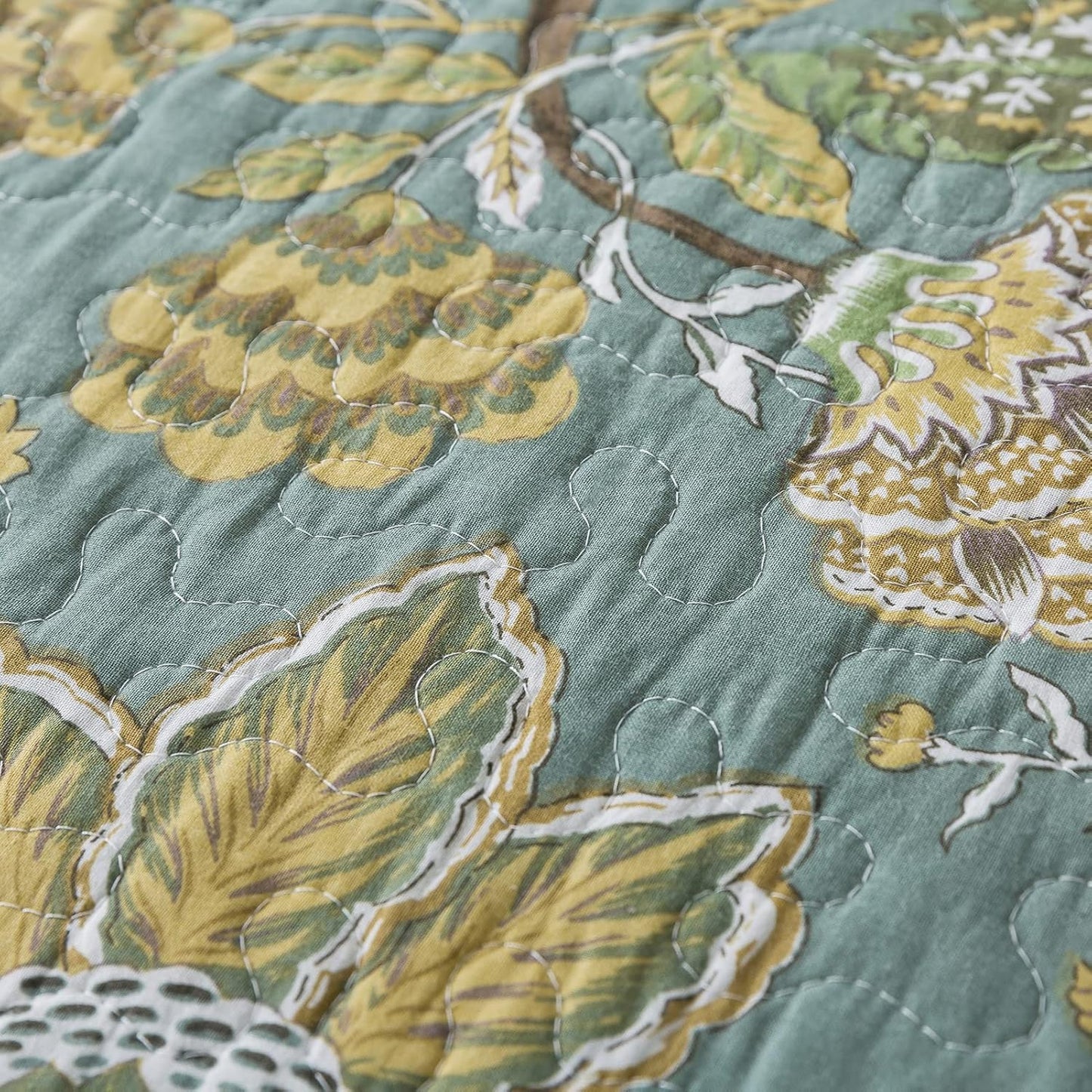 NEWLAKE Cotton Bedspread Quilt Sets-Reversible Patchwork Coverlet Set, Green Floral Pattern, King Size