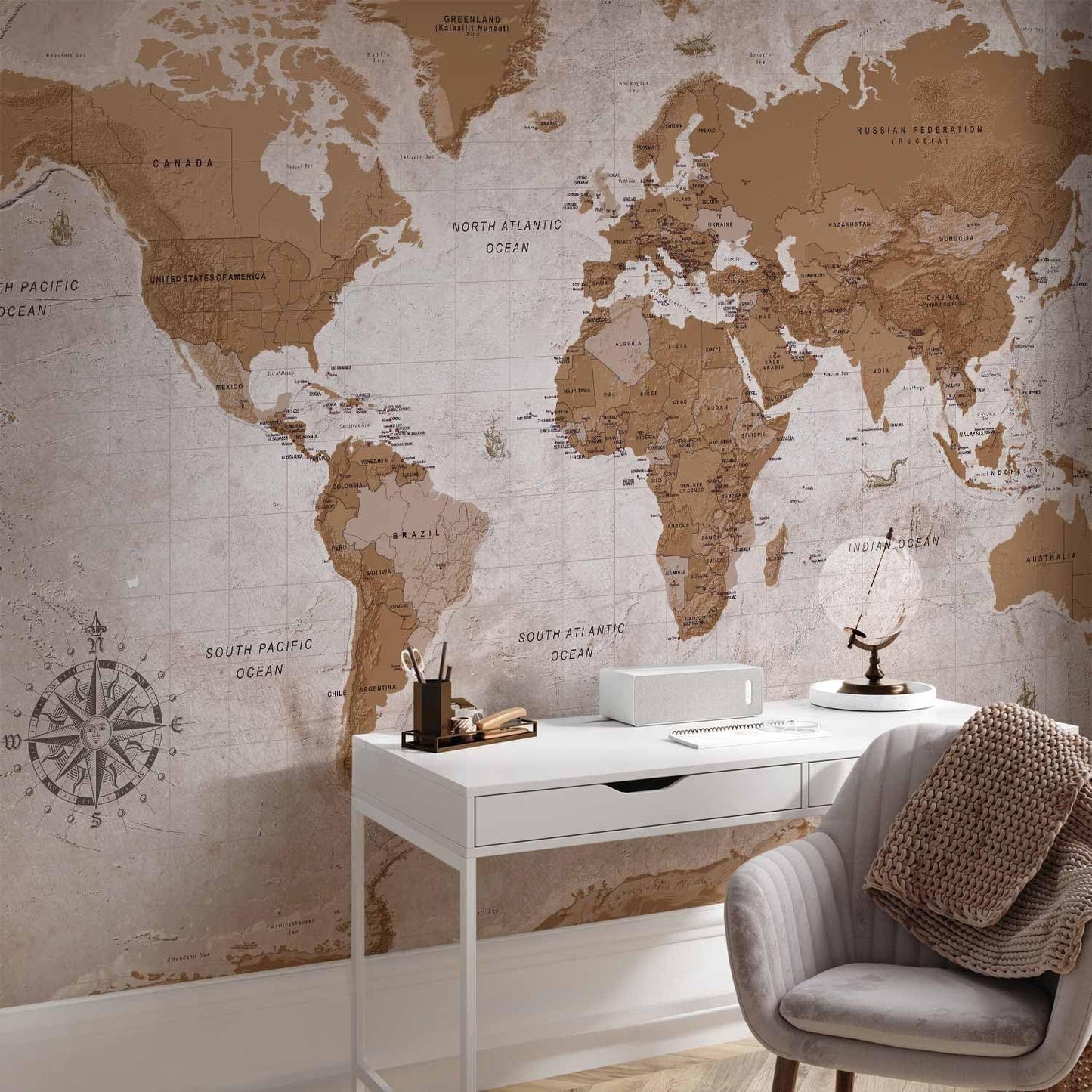 artgeist Premium Wall Mural World Map 177x124 in - XXL Non-Woven Wallpaper Fleece Wall Decor Photo Print Picture Image Design Home Map of The World k-A-0108-a-a