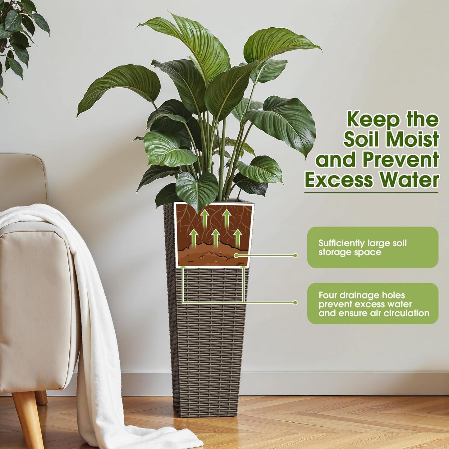 Devoko Resin Tall Planters for Outdoor Plants Set of 2, Large Taper Outdoor Planter Pots with 4 Drainage Holes, Flower Pots Modern Decor for Porch, Patio, Backyard, Home Garden (Brown, 24")