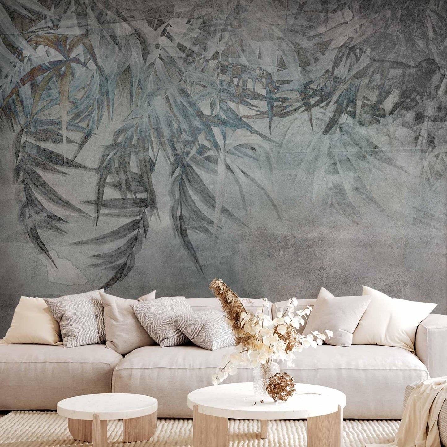 artgeist Premium Wall Mural Leaves 177x124 in - XXL Non-Woven Wallpaper Fleece Wall Decor Photo Print Picture Image Design Palm Leaves Concrete Nature Grey b-C-10103-a-a