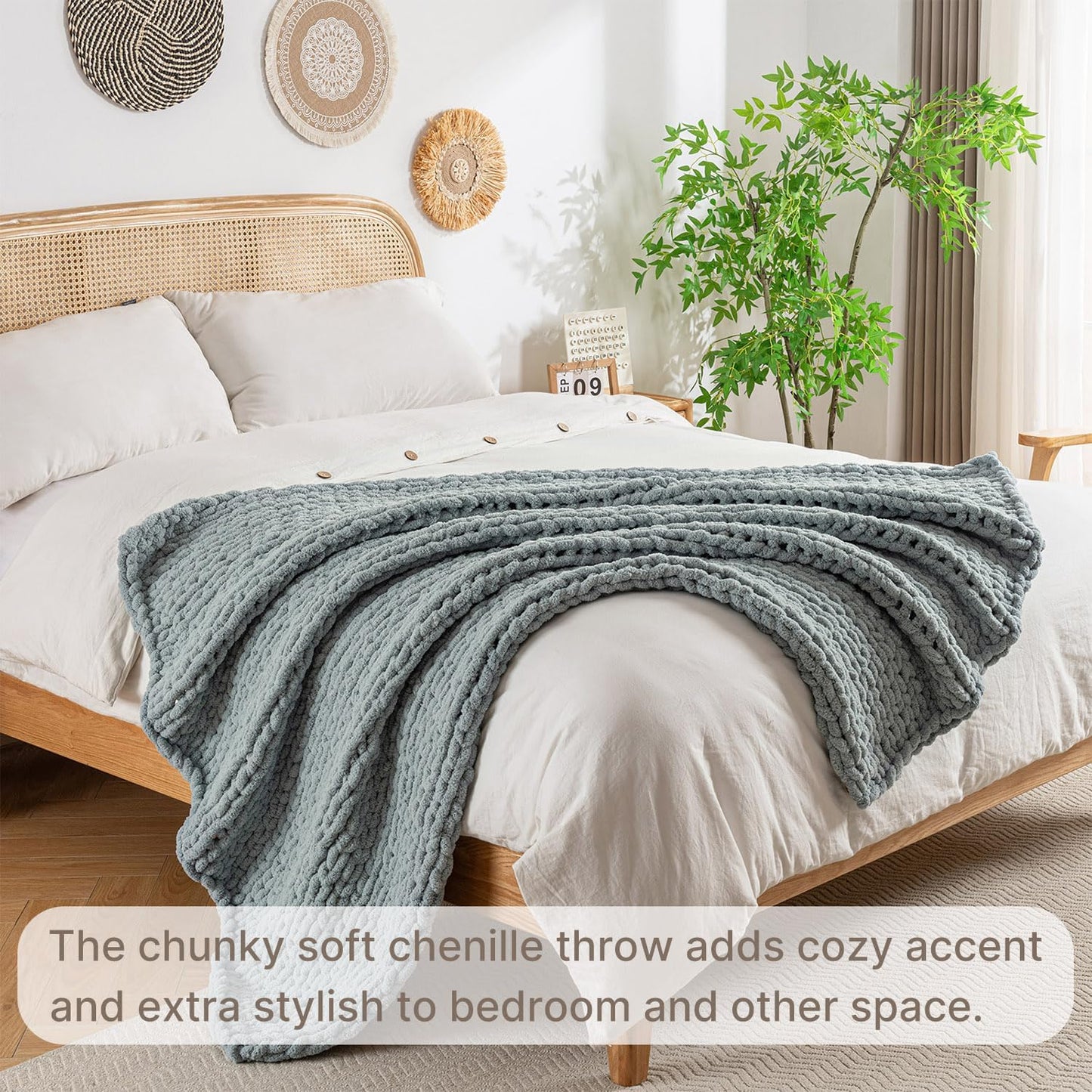 Chunky Knit Blanket Throw, 100% Hand Knit Throw Blanket Handmade Chenille Cable Knit Throw for Couch, Stylish Cozy Soft Rope Knot Crochet Blanket for Home Decor, Chambray Blue, 50x60 Inches