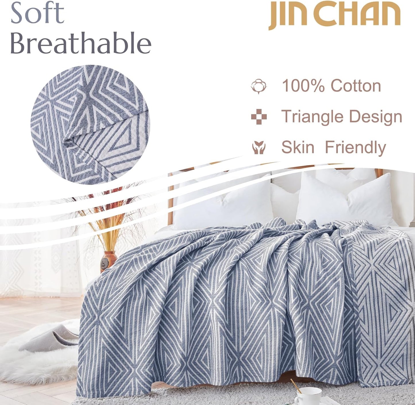 jinchan Boho 100% Cotton Blanket Muslin 50x60 Inches Lightweight 3-Layer Geometric Cross Pattern Reversible Quilt Throw Soft Breathable Comfy All Seasons for Couch Bed Decor, Blue