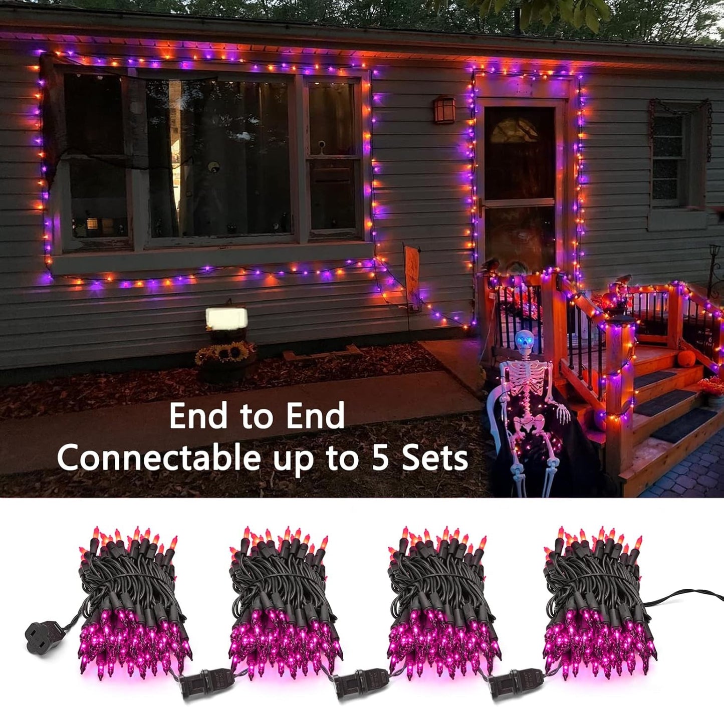 Brizled Orange & Purple Halloween Lights, 100 Count Connectable, UL Certified Incandescent String Lights, Black Wire Mini Lights Set for Indoor/Outdoor Halloween Party Decor