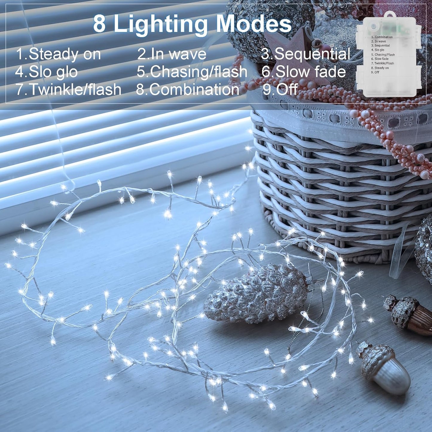 2 Pack Cluster Fairy Lights Battery Operated, Total 20Ft 400 LED Christmas Lights String with Timer 8 Modes Firecracker Fairy Lights Waterproof for Wreath Tree Wedding Gift Decor (Cool White)