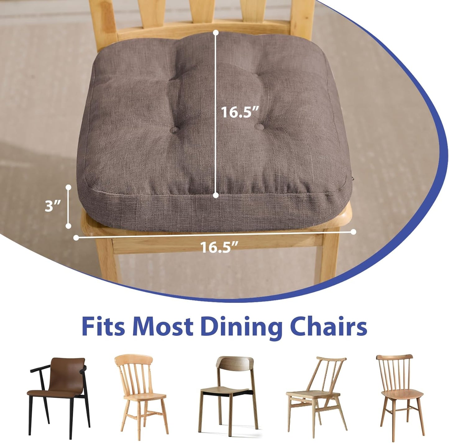 Chair Cushions for Dining Chairs, Dining Chair Cushions, Tufted Indoor Chair Pads with Ties & Non Slip Backing, Seat Cushions for Kitchen Chairs 16.5” x 16.5” x 3.5”, Set of 4, Light Brown