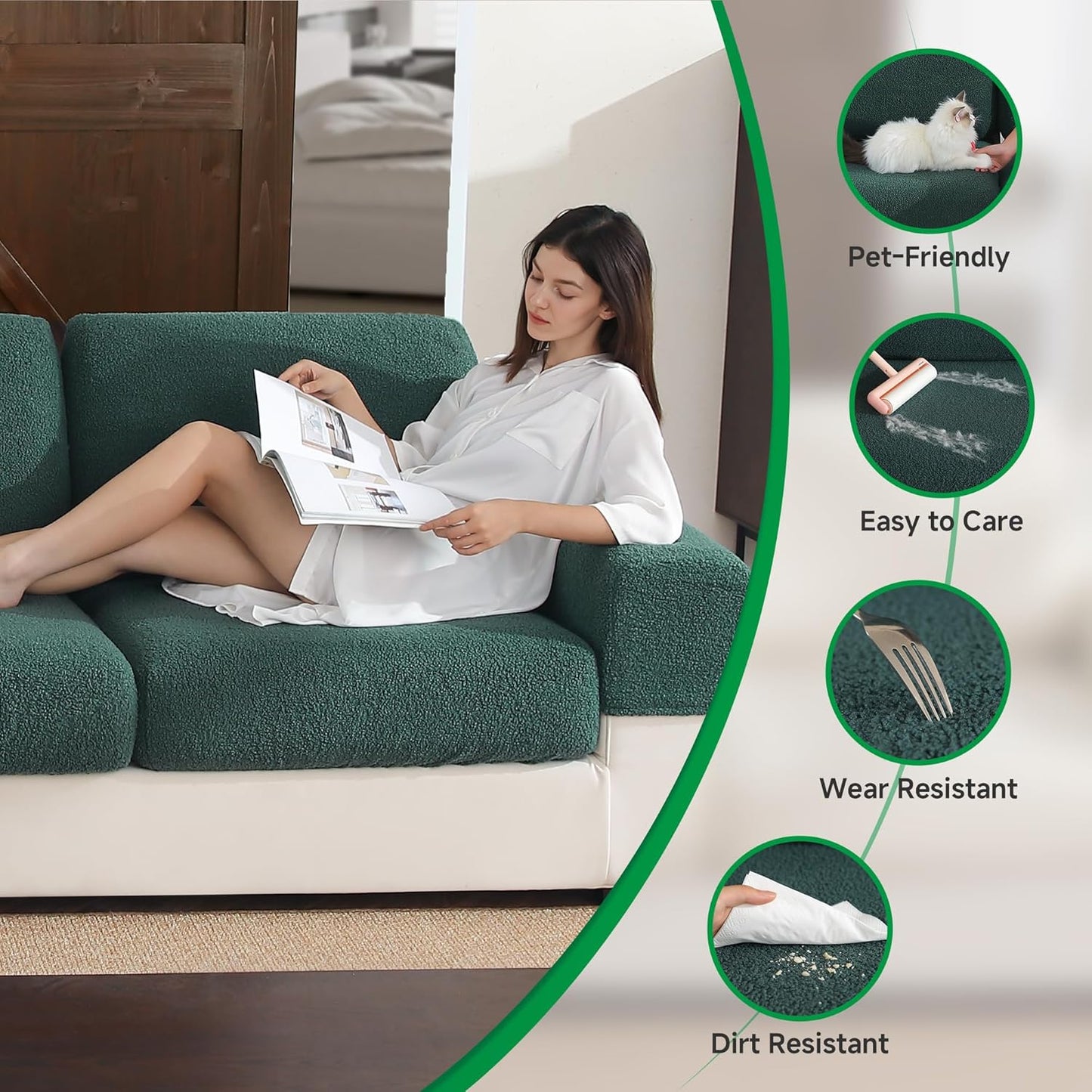 Couch Cushion Covers for Sectional Sofa, Stretch Soft Sofa Slipcovers Washable Wear-Resistant Universal Furniture Protector for Living Room(2 Seaters Covers, Green)