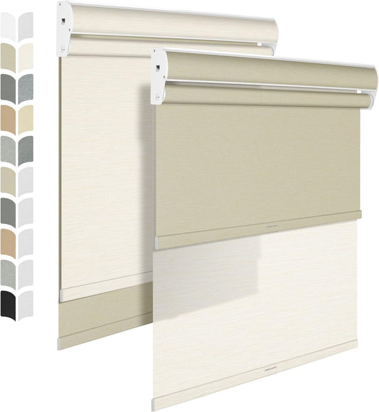 BERISSA Dual Roller Shades with Cassette Valance, Blackout and Light Filtering, Day and Night Shades for Home Office Door. Striped Jacquard Beige. 31 W x 72" H