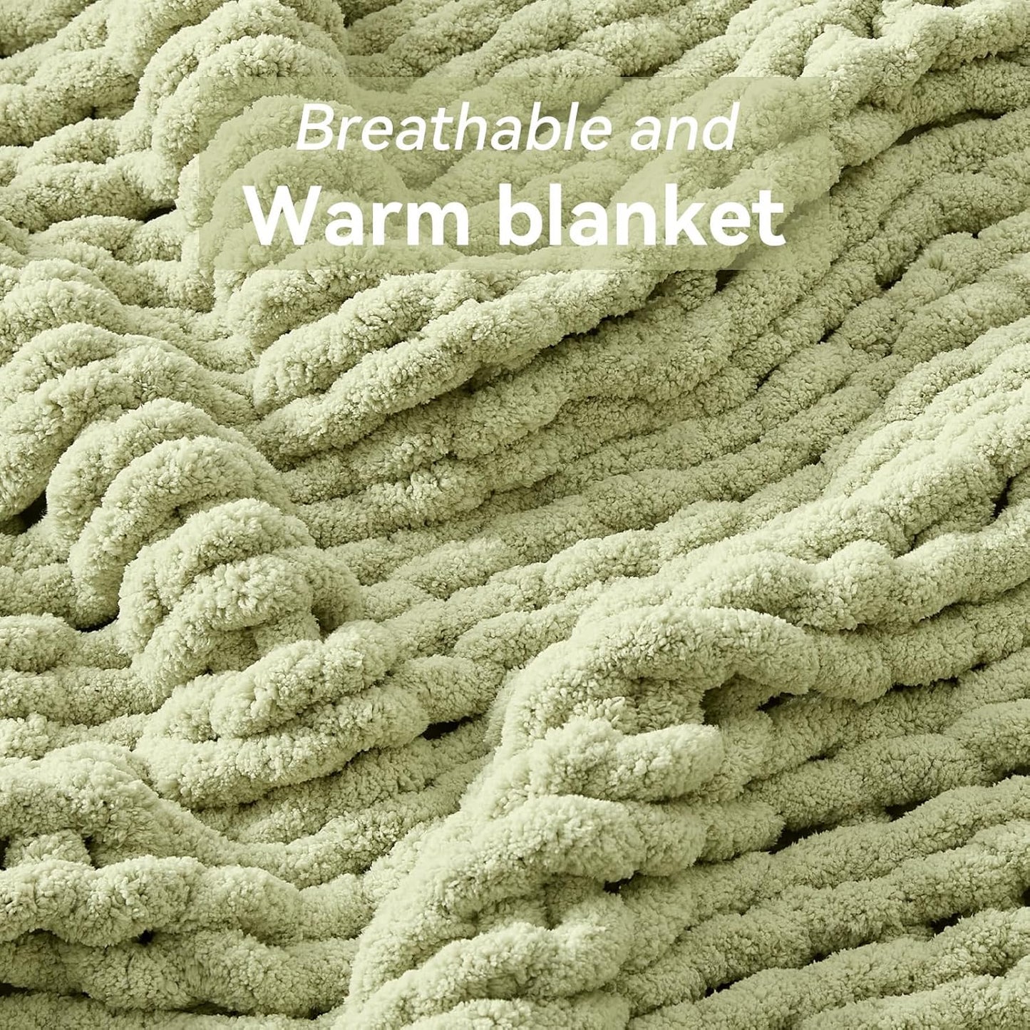 Chunky Knit Throw Blanket, 30''*40'' Knitted Throw Chenille Yarn for Bed Couch, Handmade Light Green Crochet Big Thick Blanket, Machine Washable Cute Comfy Blanket for Home Decor