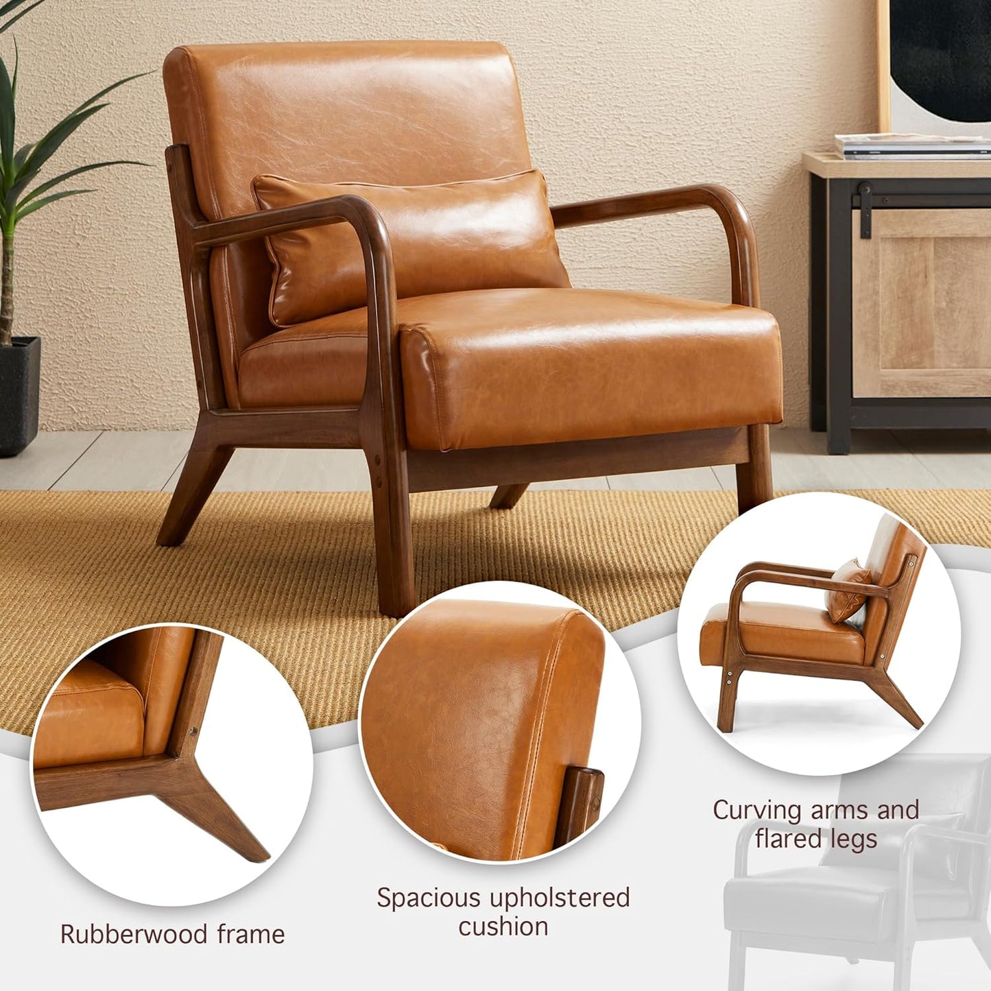Glitzhome 2 Set Mid Century Yellowish Brown Accent Armchair, Single Reading Armchair PU Leather Lounge Chair with Walnut Ruberwood Frame