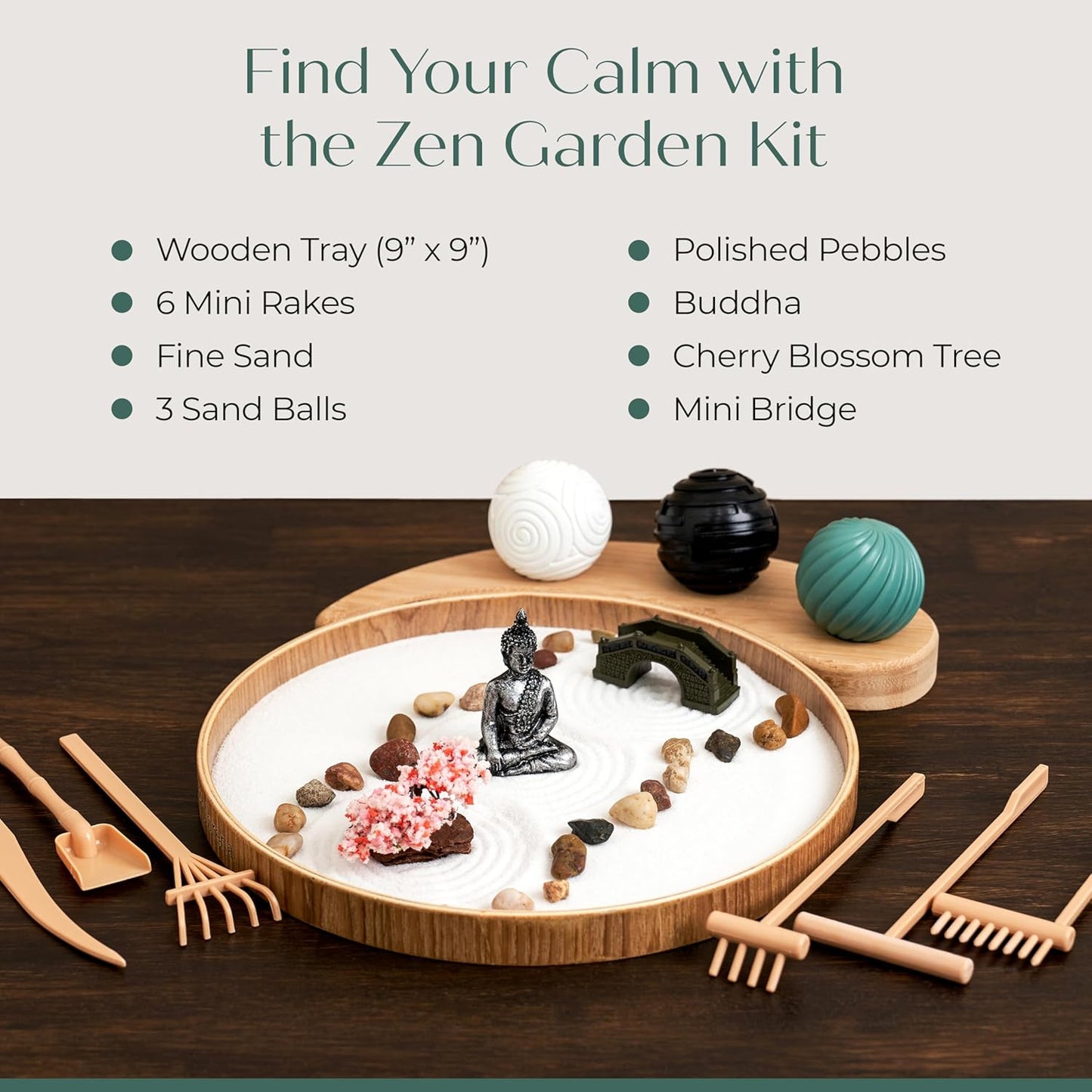 Zen Garden for Desk – Mini Zen Garden Kit for Calming Stress & Relaxing - Japanese Sand Box with Tray, Buddha, Tree, Sand, Rakes, Pebbles & Balls – Sensory Relaxation Gift for Home & Office Decor