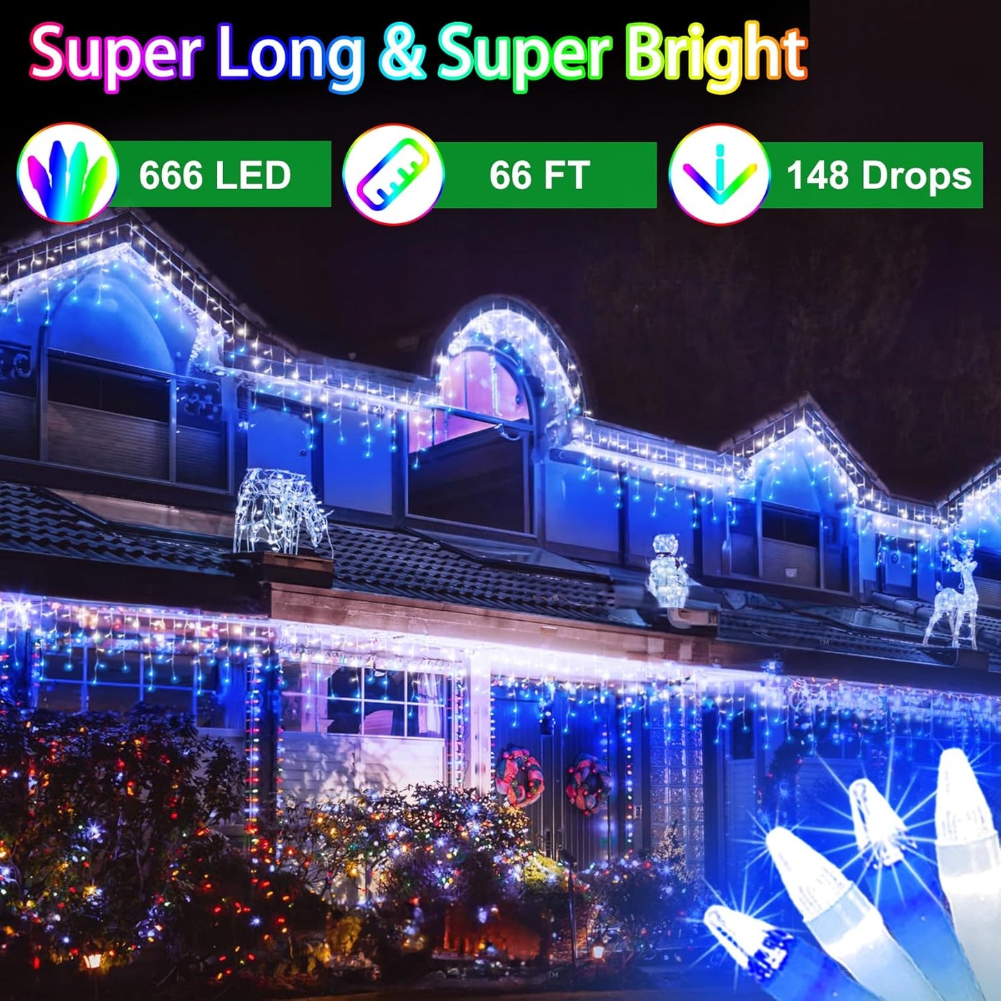 66FT 666 LED Outdoor Christmas Lights - 148 Ice Drops, 12 Pro Modes with Timer Memory & Brightness, Waterproof Hanging Ice String Light for Holiday Wedding Garden Fence House Decor (White & Blue)