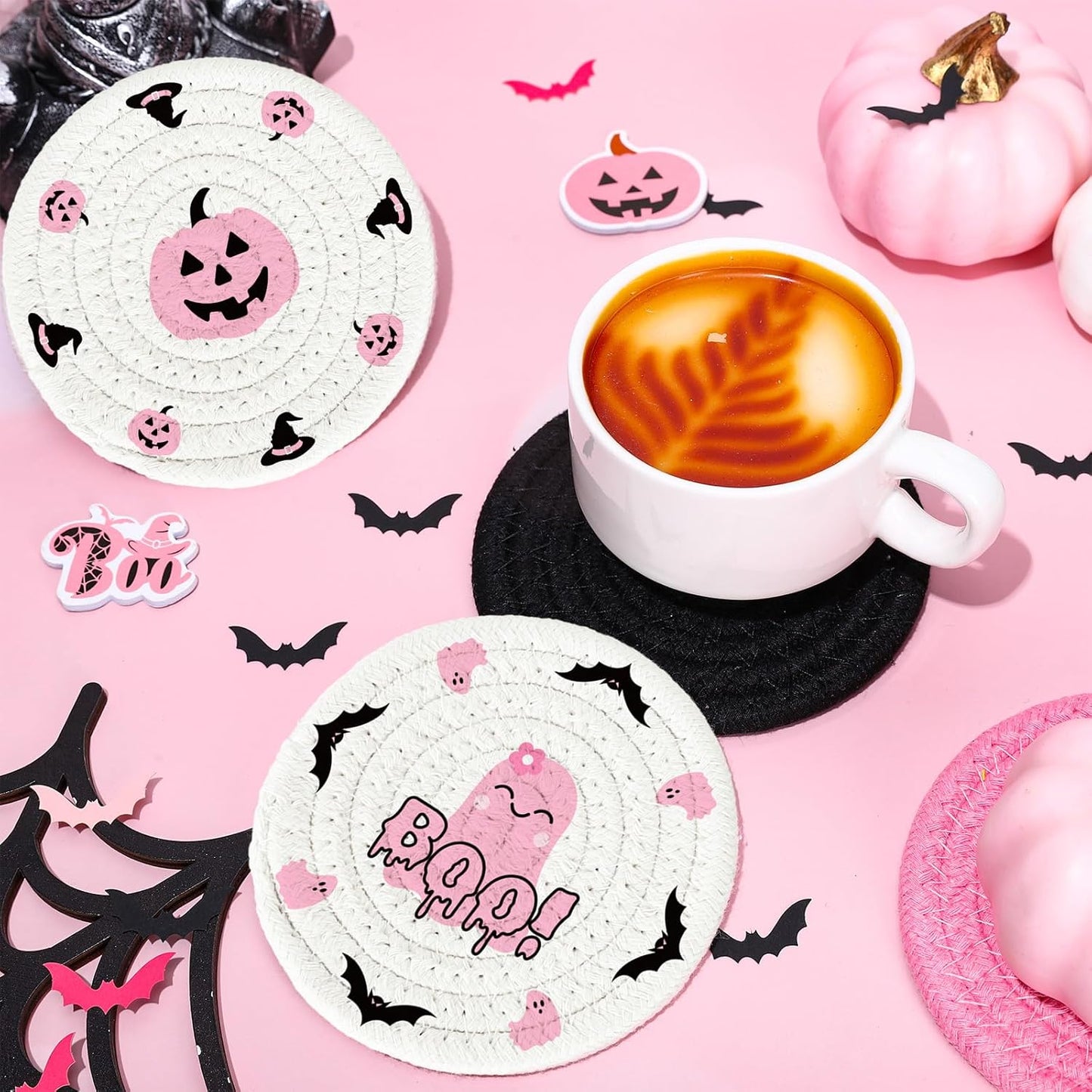 Whaline 4Pcs Halloween Handmade Braided Cotton Coasters Pink Black Pumpkin Ghost Boo Drink Coasters Absorbent Cup Coasters for Home Office Party Decor, 4.3 Inch
