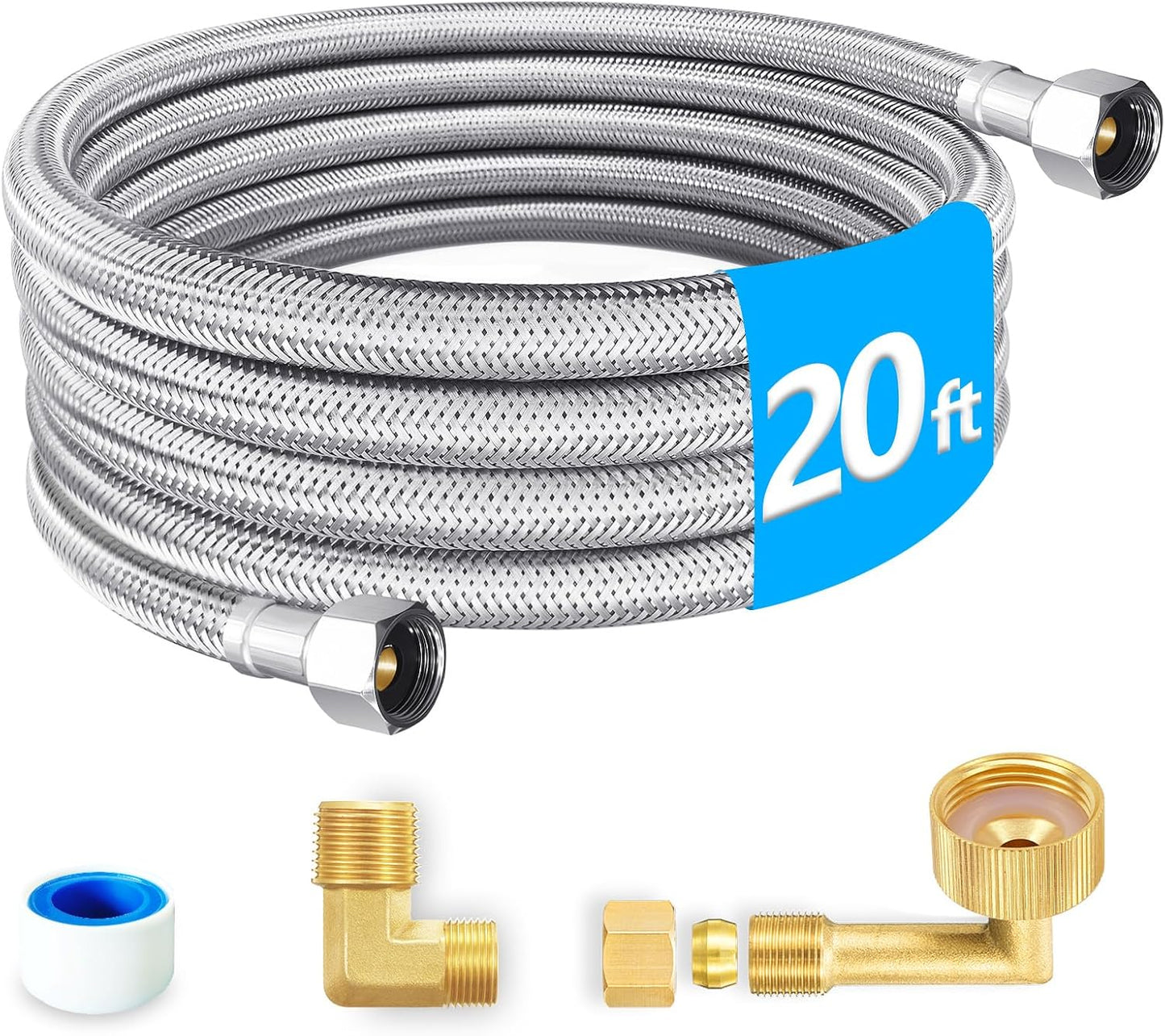 Dishwasher Installation Kit - 20 FT Premium Stainless Steel Braided Dishwasher Hose kit,Food Grade PEX Inner Tube Dishwasher Water Supply Line with 3/8"x3/8"MIP Elbow,3/8"x 3/4" FHT Elbow