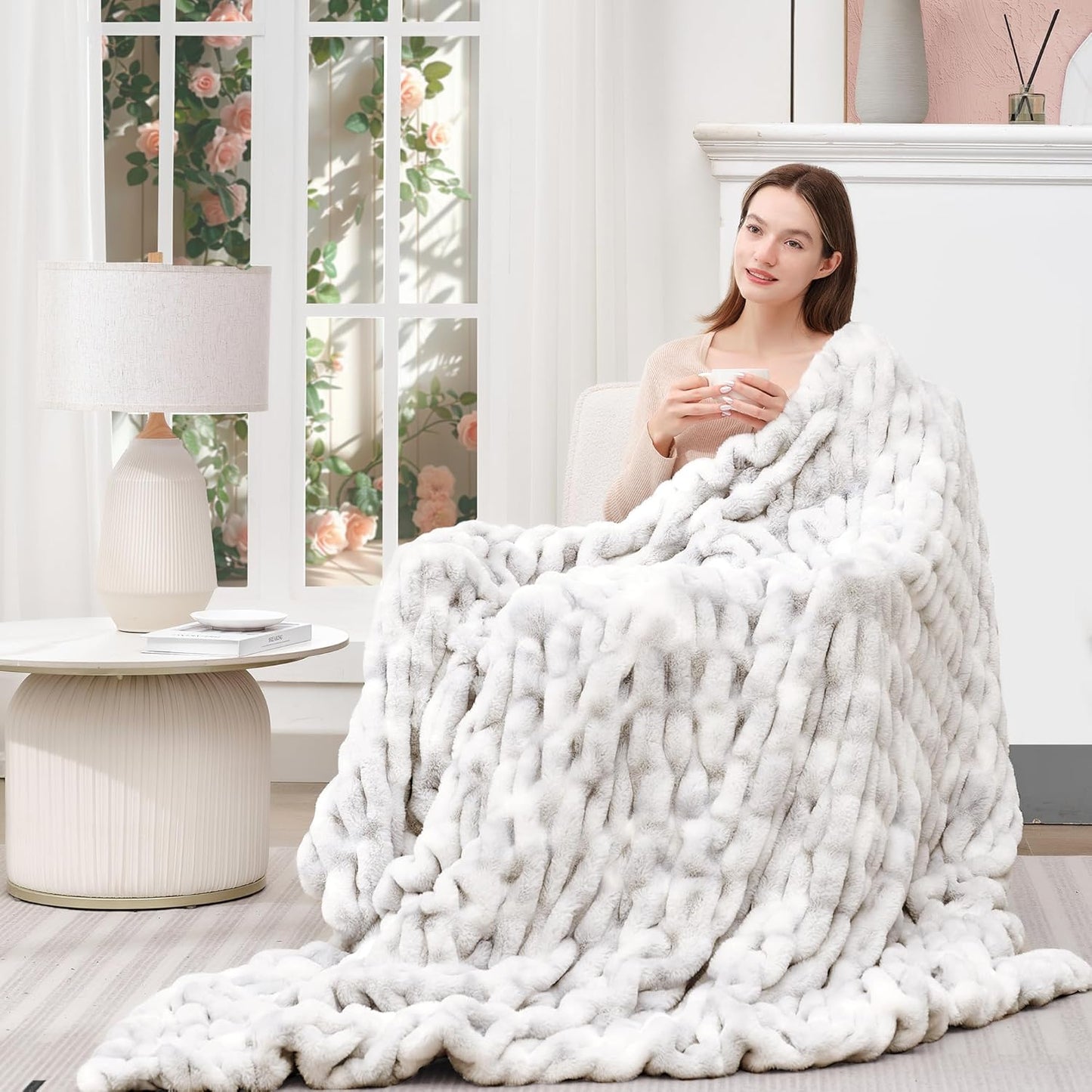 Touchat Ruched Faux Rabbit Fur Blanket, 700 GSM Luxury Dual-Sided Soft Cozy Blanket, Fuzzy Fluffy Plush Throw for Bed, Couch and Sofa - 60"x80", Tie-dye Grey