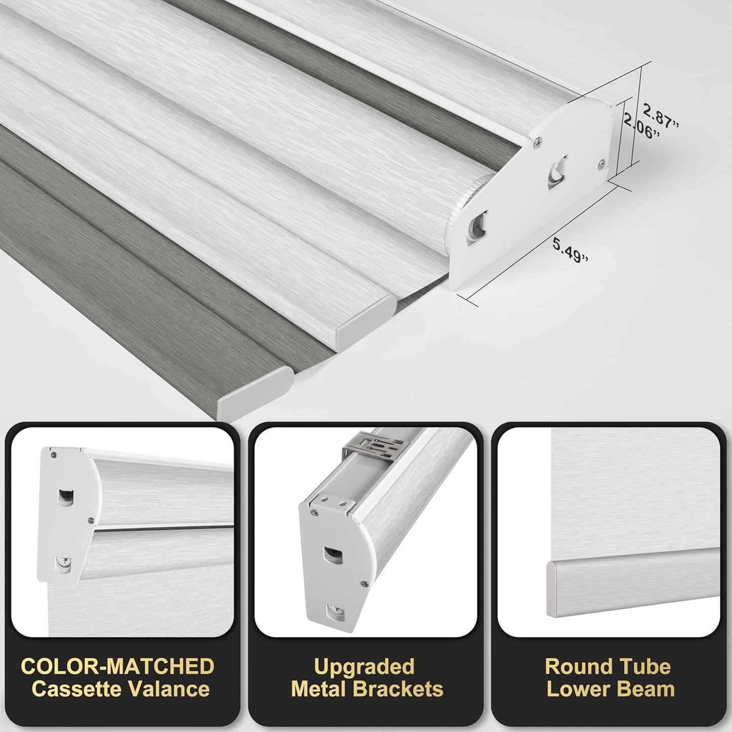 BERISSA Cordless Dual Roller Shades with Cassette Valance, Double Window Shades - Blackout & Light Filtering, Day & Night for Home Office Door - Grey & White. 32 W x 86" H