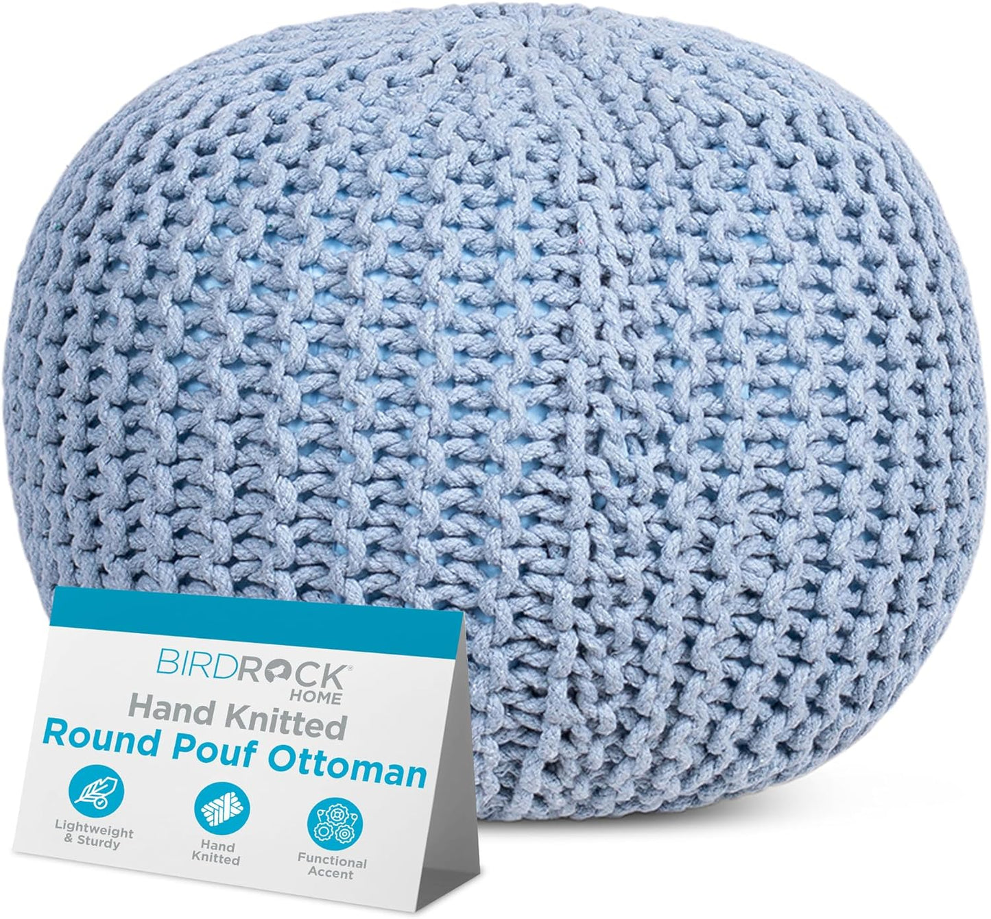 BIRDROCK HOME Round Pouf Ottoman | Cotton Braided Foot Stool with Bean Bag Filling | Boho Foot Rest for Living Room & Bedroom | Compact & Comfortable Seating, Lightweight & Soft | Soft Blue