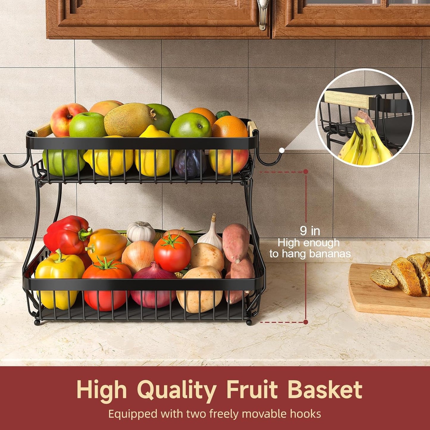 2 Tier Fruit Basket for Kitchen Counter with 2 Mobile Banana Hangers, 2025 Pro Detachable Metal Fruit Bowl with Wooden Handle, Fruit Holder for Bread Snack Veggies with Protective Mats