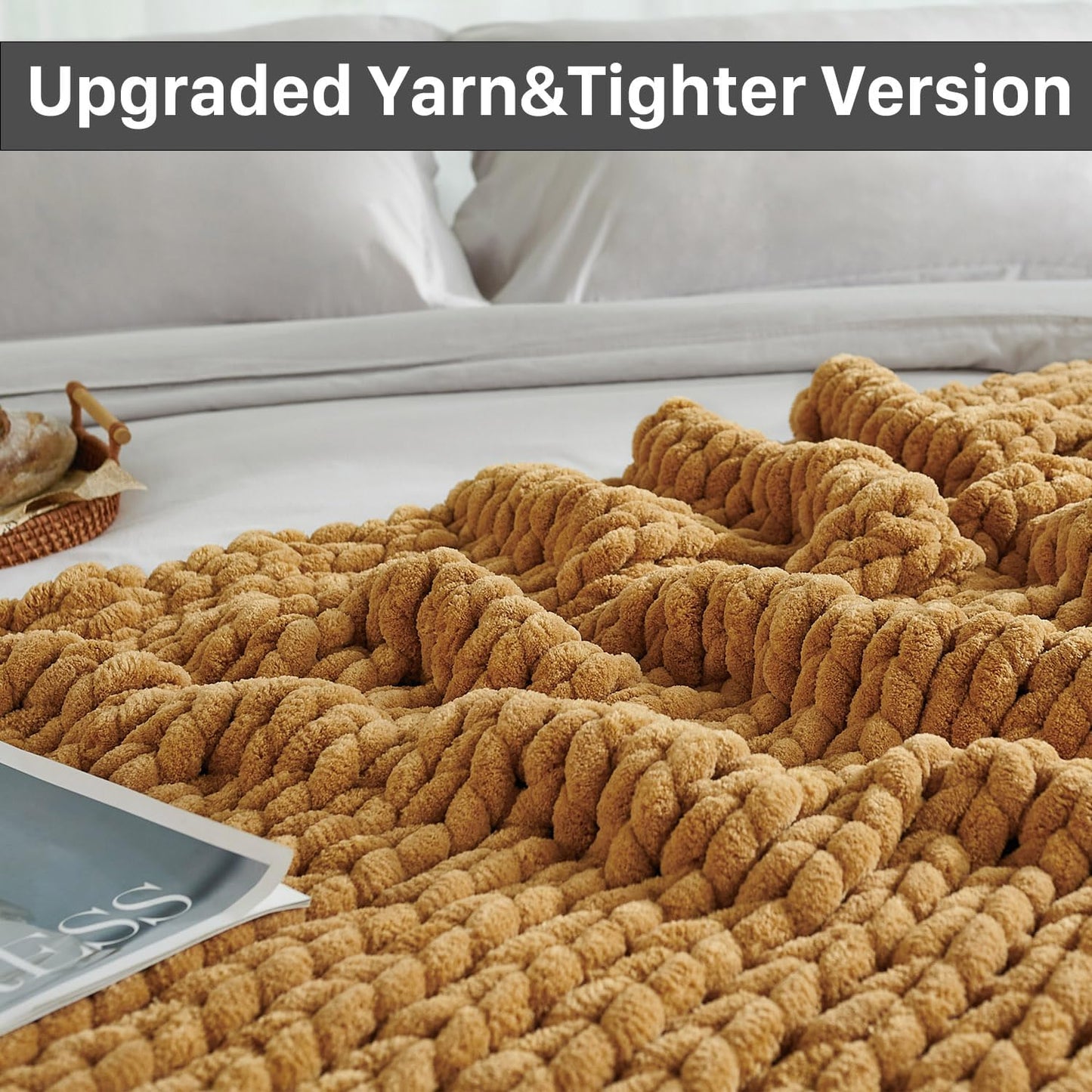 Esterra Chunky Knit Throw Blanket Newly Upgraded Heavy Tighter Version, Handmade Chenille Throw Super Soft, Thick Yarn Cable Knit Crochet Throw Blanket for Couch Bed Sofa (50"x60" Mustard Yellow)