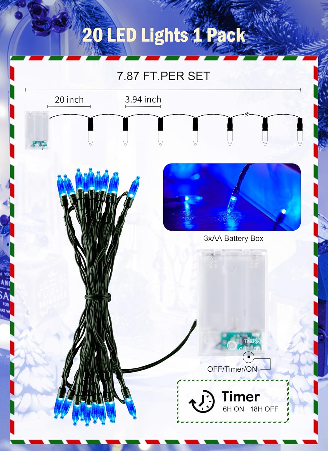 Battery Operated Christmas String Lights, 8ft 20 LED Mini Lights with Timer, Christmas Tree Lights for Indoor Outdoor Bedroom Wedding Party Holiday Xmas Decoration，Blue