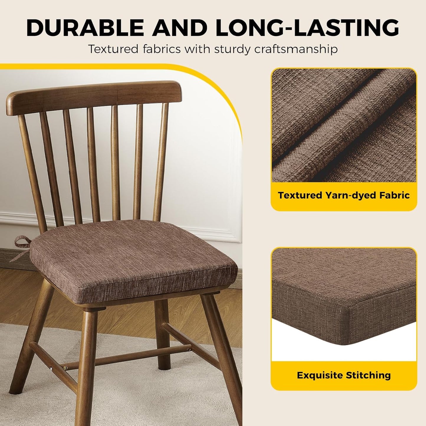 downluxe Indoor Chair Cushions for Dining Chairs, Soft and Comfortable Textured Foam Kitchen Chair Pads with Ties and Non-Slip Backing, 16" x 16" x 2", Brown, 2 Pack