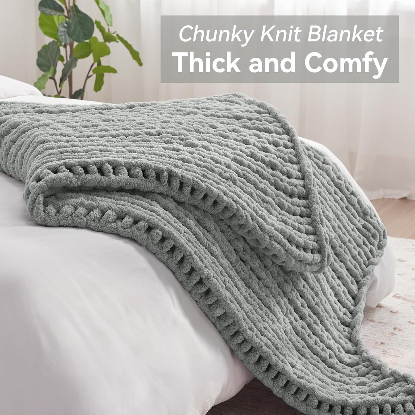 Chunky Knit Throw Blanket, 60''*80'' Knitted Throw Chenille Yarn for Bed Couch, Handmade Light Grey Crochet Big Thick Blanket, Machine Washable Cute Comfy Blanket for Home Decor