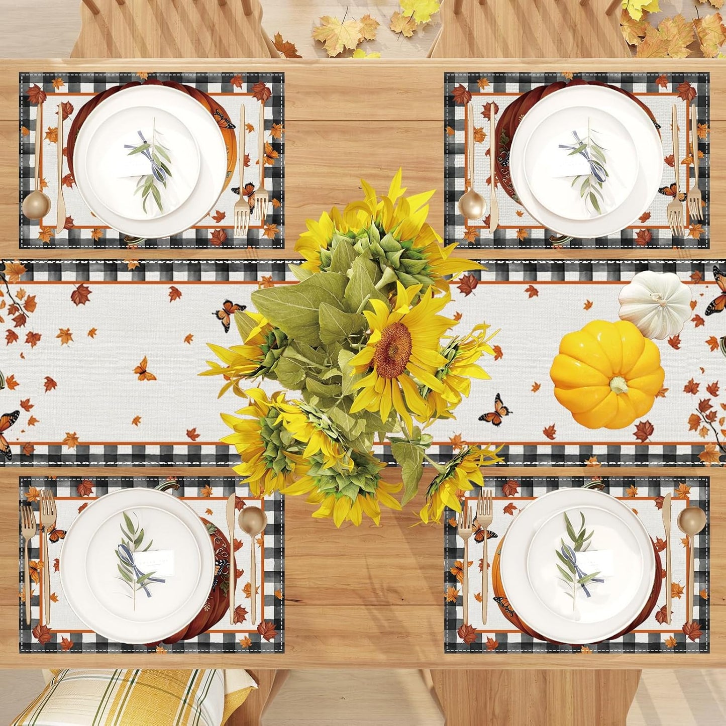 Linen Fall Placemats Set of 4 Fall Table Mats Farmhouse Pumpkin Butterfly Decor for Home Autumn Thanksgiving Home Kitchen Dining Room Table Decorations