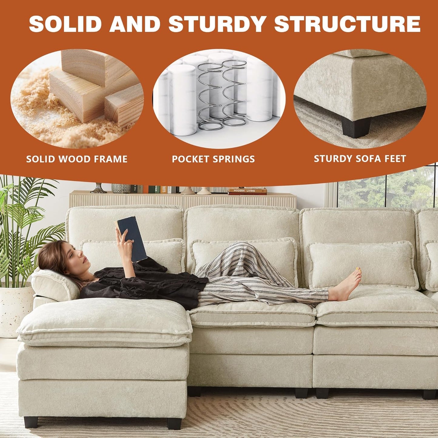 113" Oversized Cloud Couch, U Shape Sectional 4 Seat Sofa with Double Chaises, 2 Layer Cusions, Deep Seat Comfy Sofa, Upholstery Chenille Fabric for Living Room, Beige