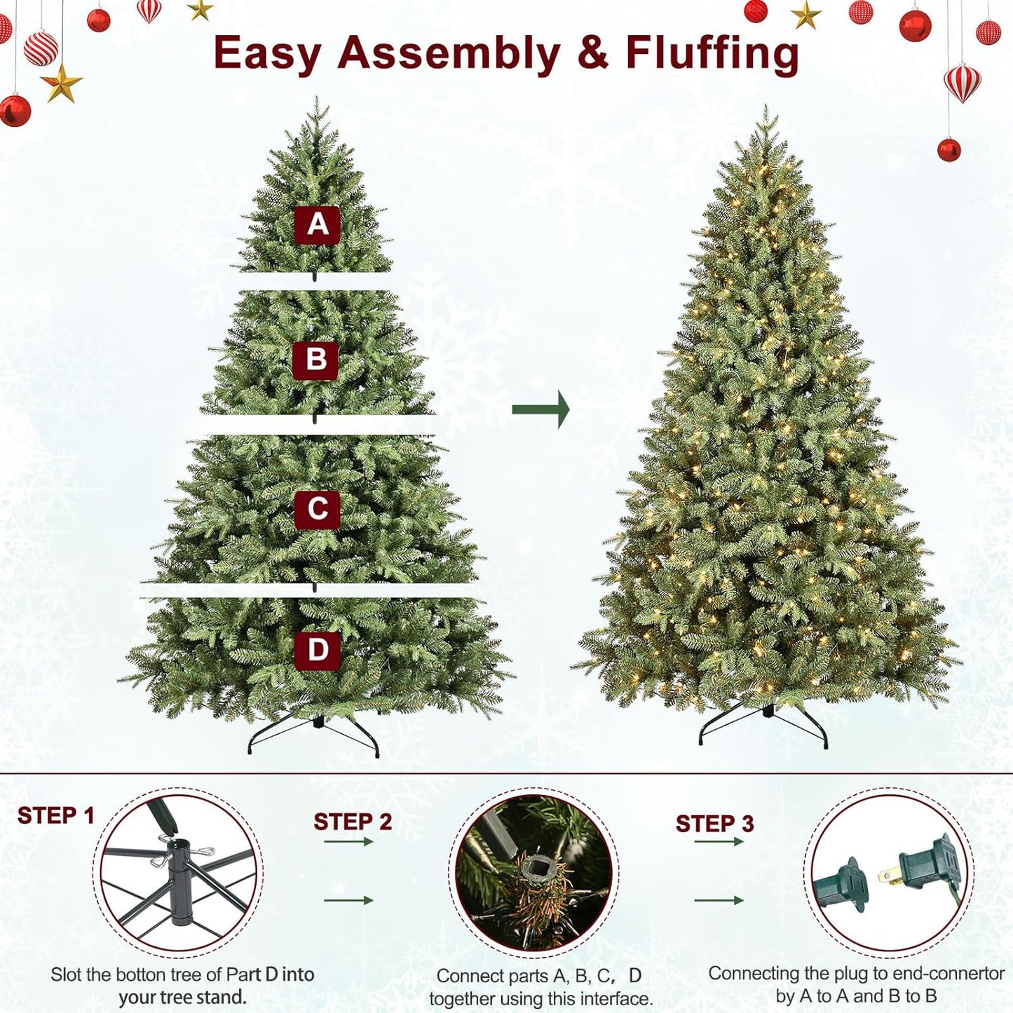 7.5 FT Prelit Christmas Tree with 550 Warm White Lights, 2359 PE&PVC Mixed Branch Tips, Hinged Premium Spruce Artificial Xmas Trees, Green, Foldable Base