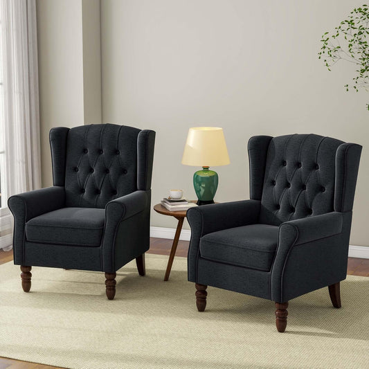 Accent Chair, Upholstered Armchair with Button Tufted High Back & Solid Wood Legs, Comfy Wingback Reading Single Sofa Chair for Small Spaces, Living Room, Bedroom (Blue, Set of 2)
