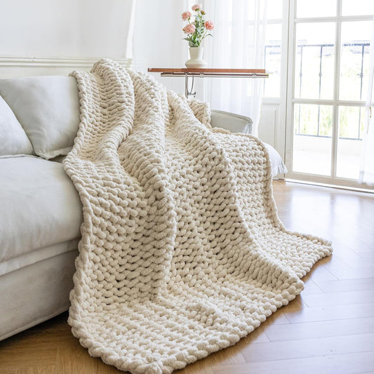 Chunky Knit Blanket - Luxury Soft Cozy 60 * 80 Throw Blanket,100% Woven Blanket Rope Knot Throw Blanket for Couch, Sofa, Home Decor, Gift - Machine Washable（Cream）