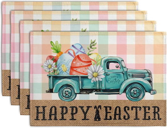 Happy Easter Placemats Set of 4 Pink Yellow Blue Buffalo Plaid Truck Eggs Daisy Easter Table Mats Spring Seasonal Linen Place Mat Washable Place Mats for Party Kitchen Dining Outdoor Indoor Decor