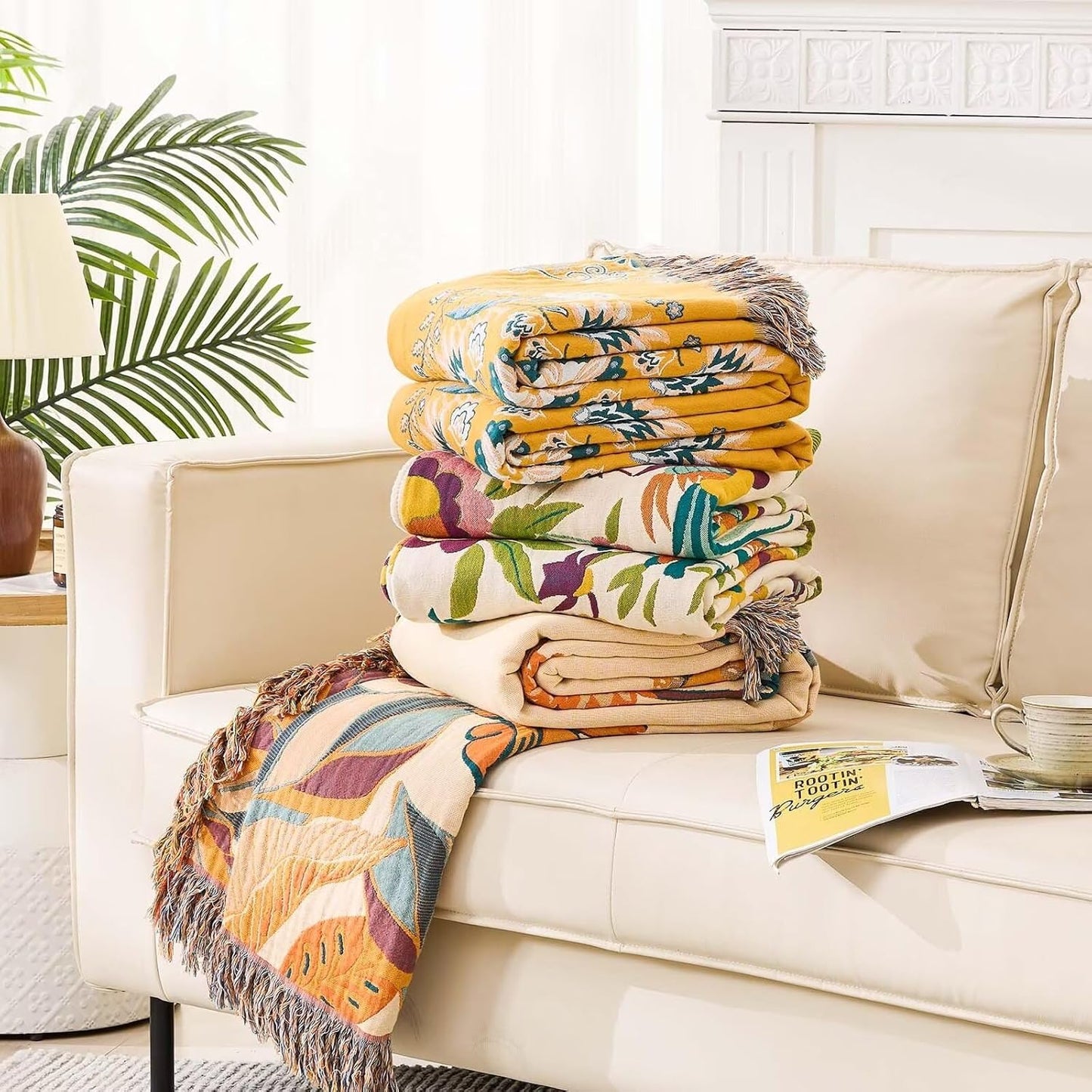 Boho Throw Blanket, 100% Cotton Ultra Soft Luxury Throw Rustic Quilt, Floral Printed Farmhouse Decor Bed Summer Blankets, All Season Rustic Reversible Bohemian Throw for Bed (60"x80" Yellow