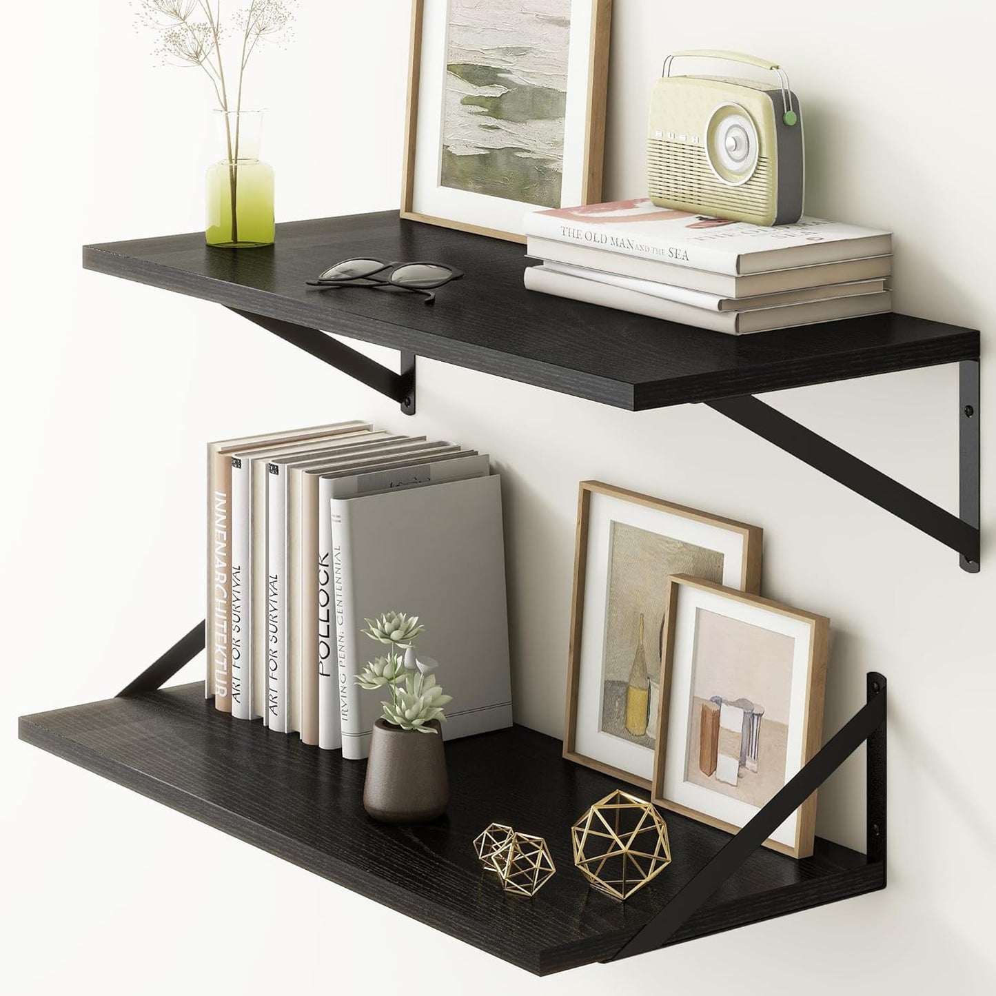Fun Memories 27.5" W x12 D Floating Shelves, Black Wall Shelf with Brackets, 12 Inch Deep Floating Shelf Set of 2, Large Storage Kitchen Living Room Bathroom Shelves, Wood Wall Mounted Shelf